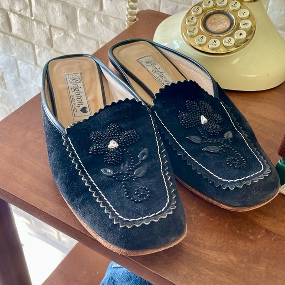 Brighton Shoes - Brighton Melani Black Suede Leather Floral Beaded Mules Size 6.5